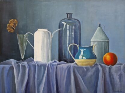 Original Still Life painting for sale. Realistic still life painted in tones of warm, rich blue painted by Irish artist Brigid Mansfield